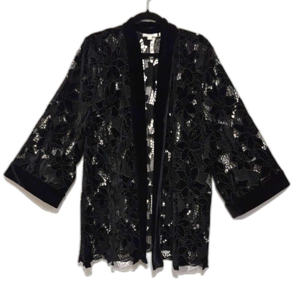 Chico's Black Velvet Floral Lace Kimono Cardigan 4 XXL Embroidered Open Front
